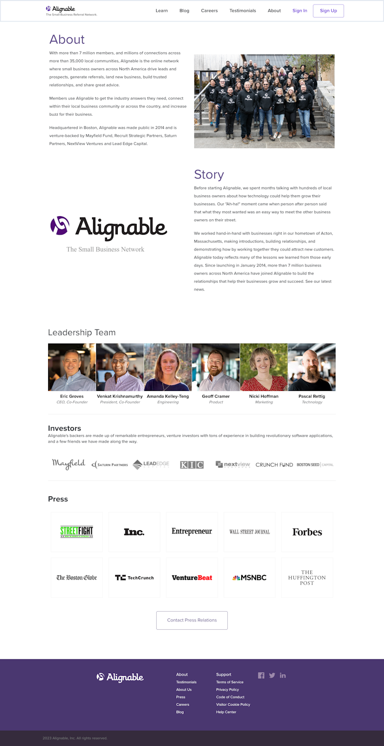 Alignable About Us Page Design