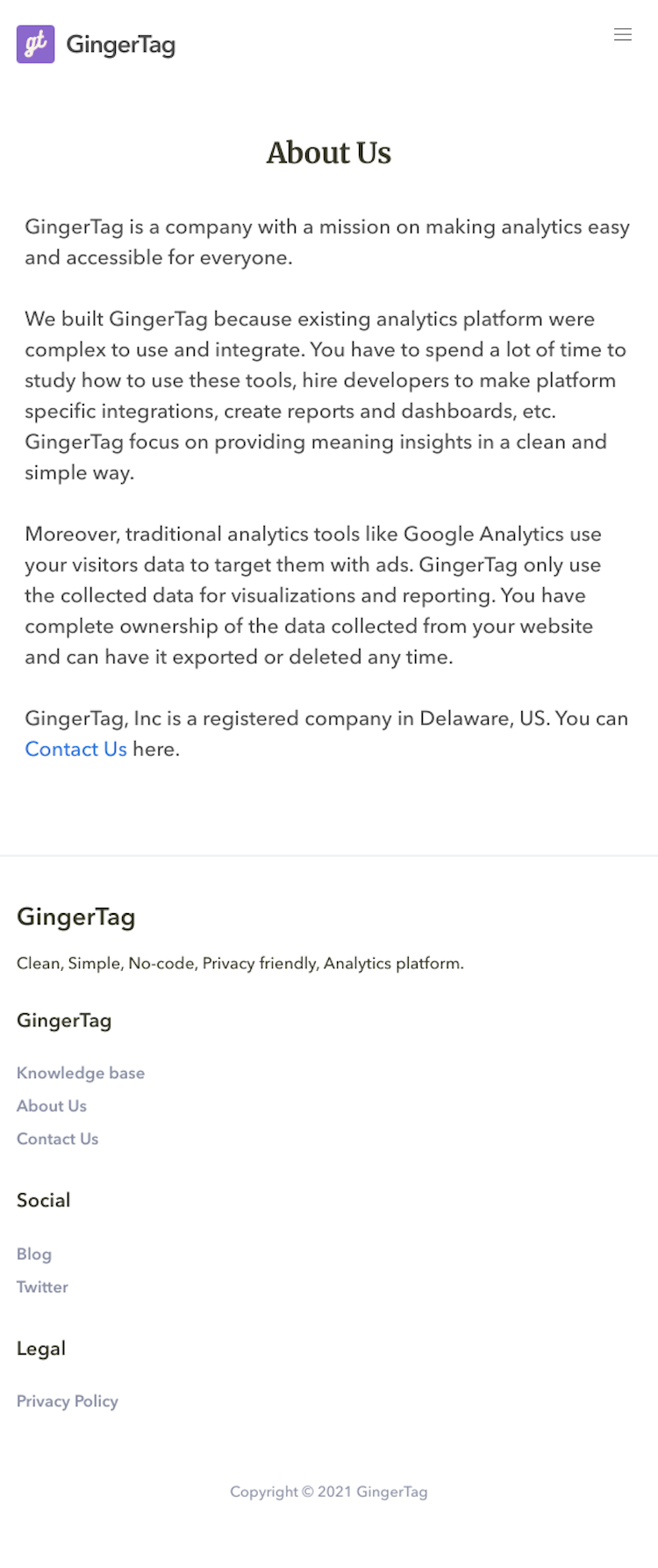 Gingertag About Us Page Design