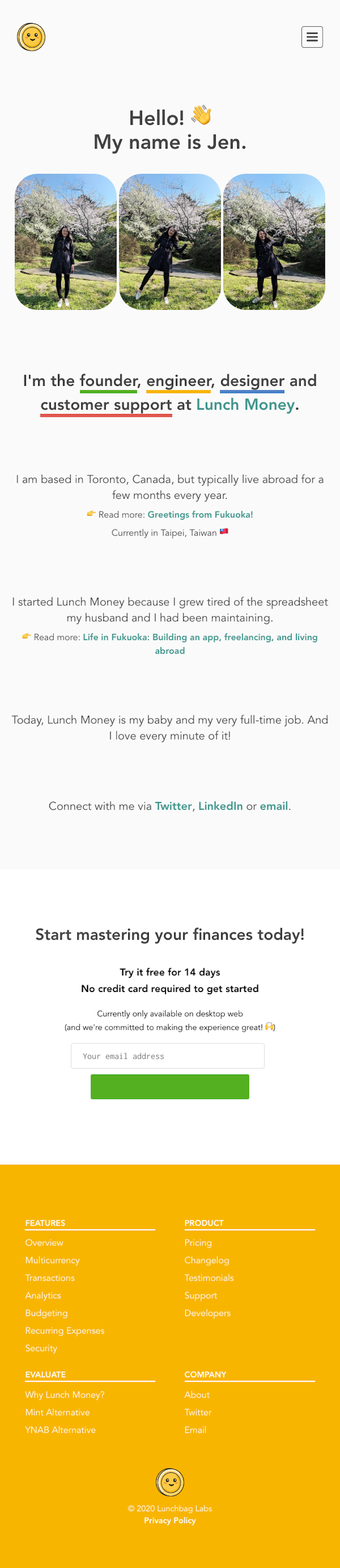 Lunch Money About Us Page Design