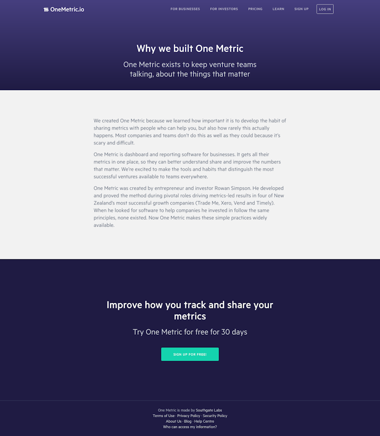 Onemetric About Us Page Design