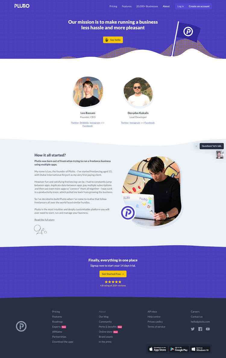 Plutio About Us Page Design