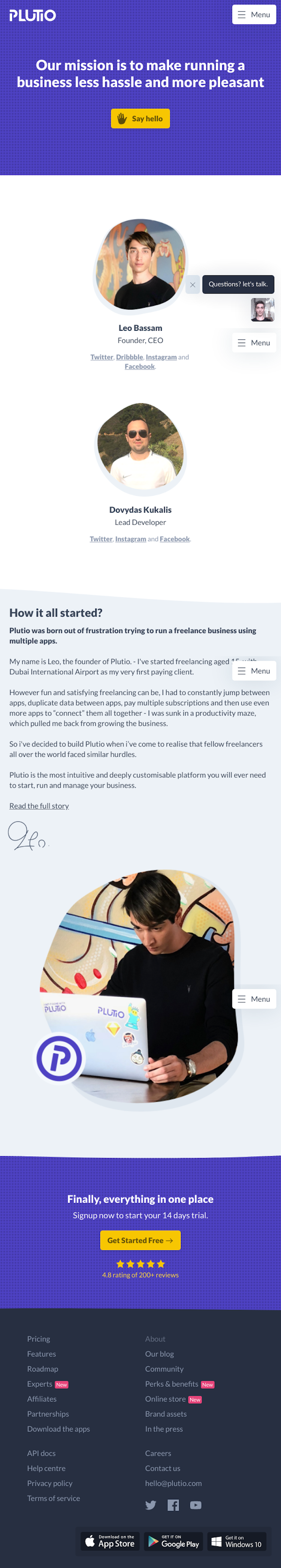 Plutio About Us Page Design