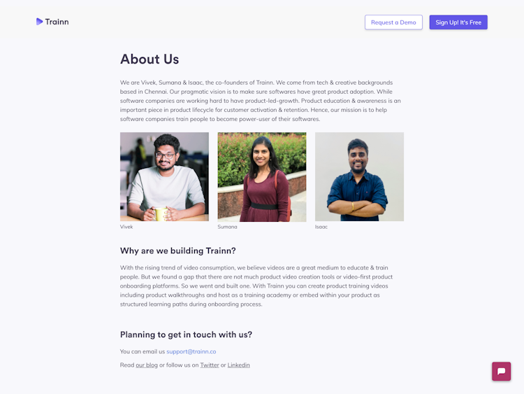 Trainn About Us Page Design