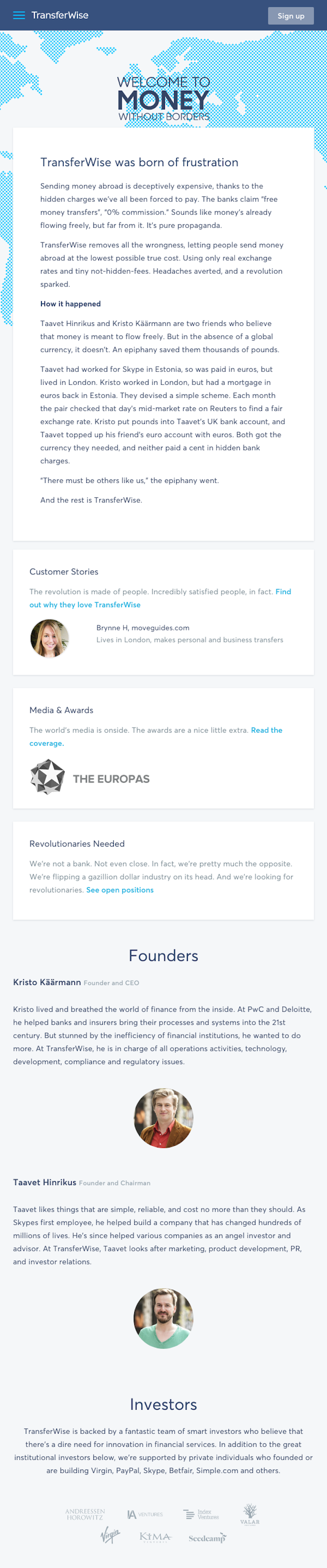 Transferwise About Us Page Design